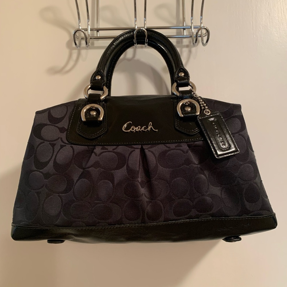 Black coach bag with patent black handles, etc